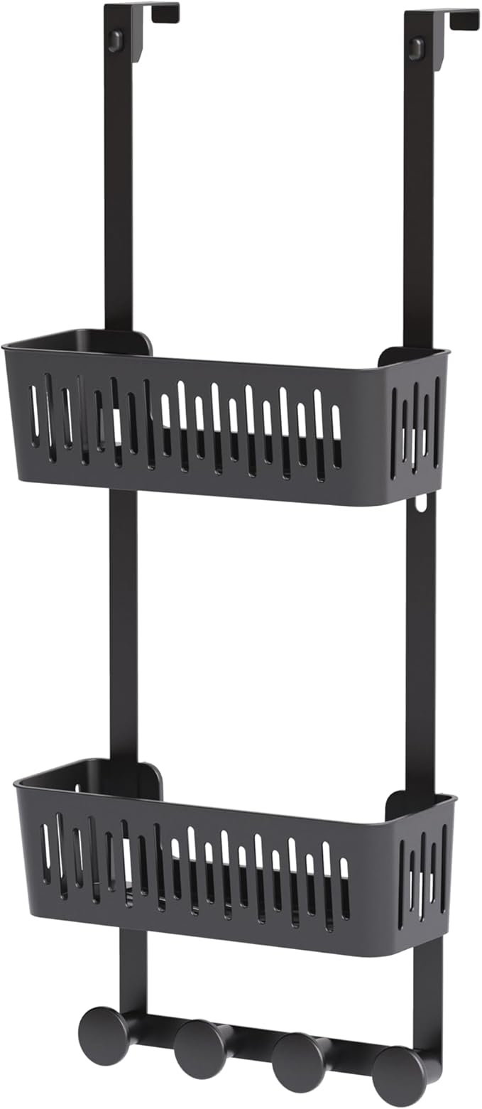 Zenna Home SnugFit Over the Door Caddy Organizer with 2 Storage Baskets and 4 Hooks, Over Door Hanging Organizer for Bathroom, Kitchen, Bedroom, Closet, Easy to Install, No Drilling, Black