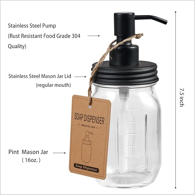 Amolliar Mason Jar Bathroom Accessories Set(4 Pcs) -Lotion Soap Dispenser &Cotton Swab Holder &Toothbrush Holder-Rustic Farmhouse Decor Apothecary Jars Vanity Organizer-Rustic Farmhouse Decor (Black)