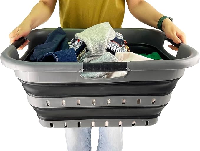 SAMMART Collapsible 3 Handled Plastic Laundry Basket - Foldable Pop Up Storage Container/Organizer - Portable Basket - Space Saving Hamper/Basket (Grey/Black, 3 handled rectangular)
