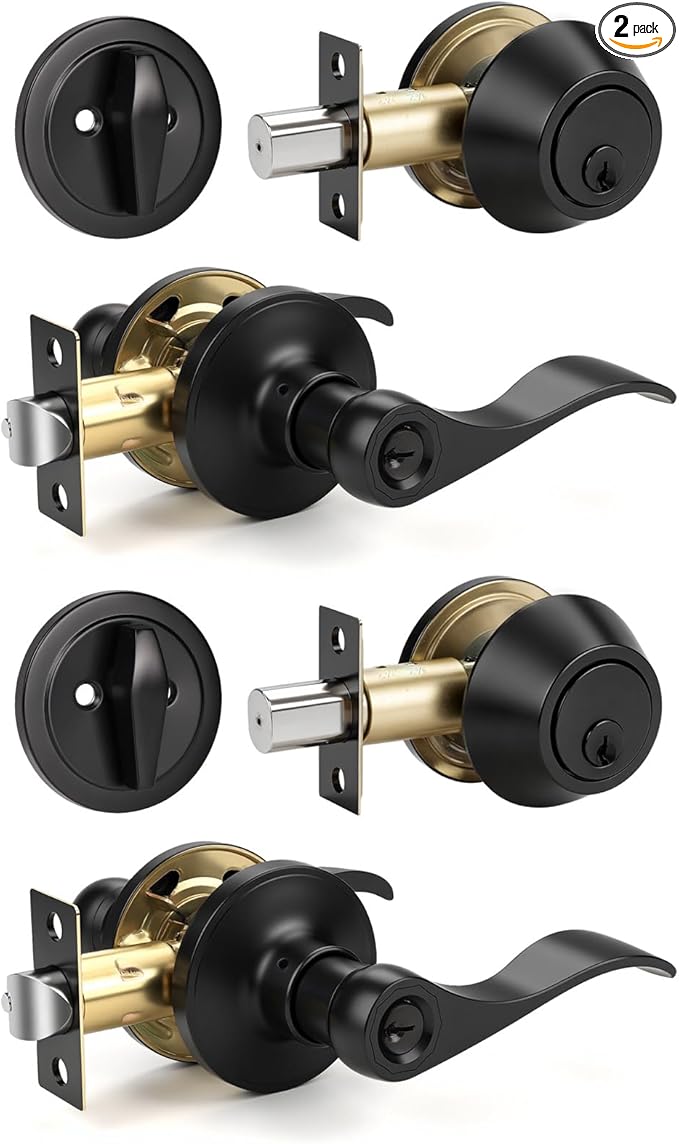Knobonly 2 Sets of Front Exterior Door Knob Set with Single Cylinder Deadbolts in Matte Blac Finish, All Keyed Same Combo Pack, Wave Style Entry Door Lever Locks with Combinations