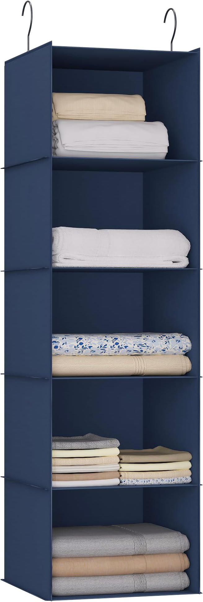 Hanging Closet Organizer and Storage 5-Shelf, Easy Mount Foldable Hanging Closet Wardrobe Storage Shelves, Clothes Handbag Shoes Accessories Storage, Washable Oxford Cloth Fabric, Navy Blue