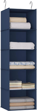 Hanging Closet Organizer and Storage 5-Shelf, Easy Mount Foldable Hanging Closet Wardrobe Storage Shelves, Clothes Handbag Shoes Accessories Storage, Washable Oxford Cloth Fabric, Navy Blue