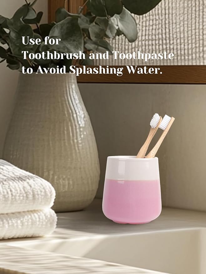 INGOFIN Ceramic Toothbrush Holder Cup, 12 oz Toothpaste Holder for Bathroom Vanity and Countertop, Organizer for Cosmetic, Makeup, Office Pencils, for Hotel Apartment, Beige and Pink