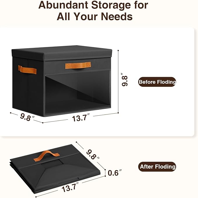 Large Storage Bins with Lids - 3 Pack Foldable Decorative Organizers with Clear Windows & Handles, Cube Storage Organizers for Clothes, Blankets, Sweaters, Sheets, Black
