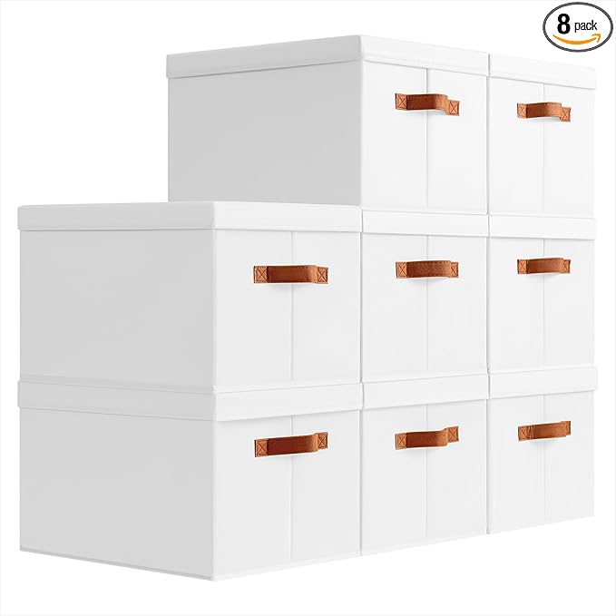 Storage Bins with Lids - Large Fabric Closet Bins with Lid, 8 Pack Clothes Organizers and Storage, Collapsible Stackable Cube Basket for Home, Office, Dorm, White