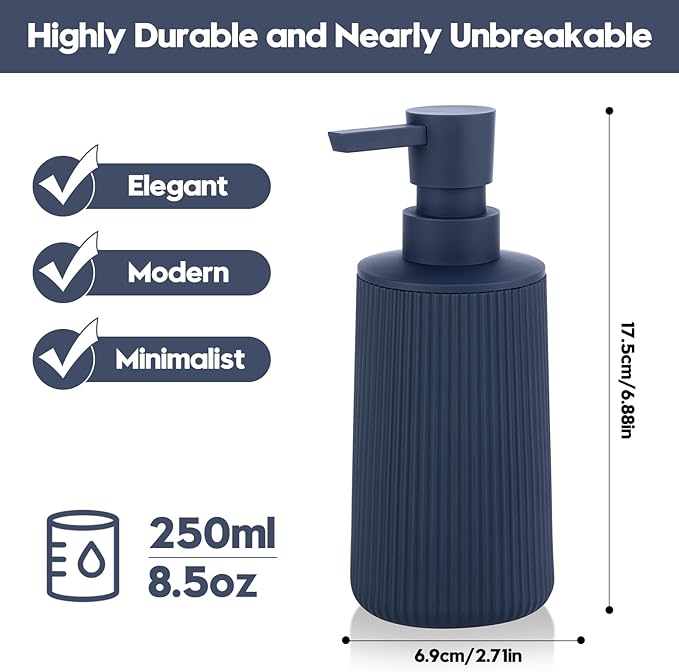 Small Soap Dispenser for Bathroom and Kitchen, Modern Farmhouse Striped Style Plastic Hand Soap Dish Soap Dispenser with Pump Matte Blue