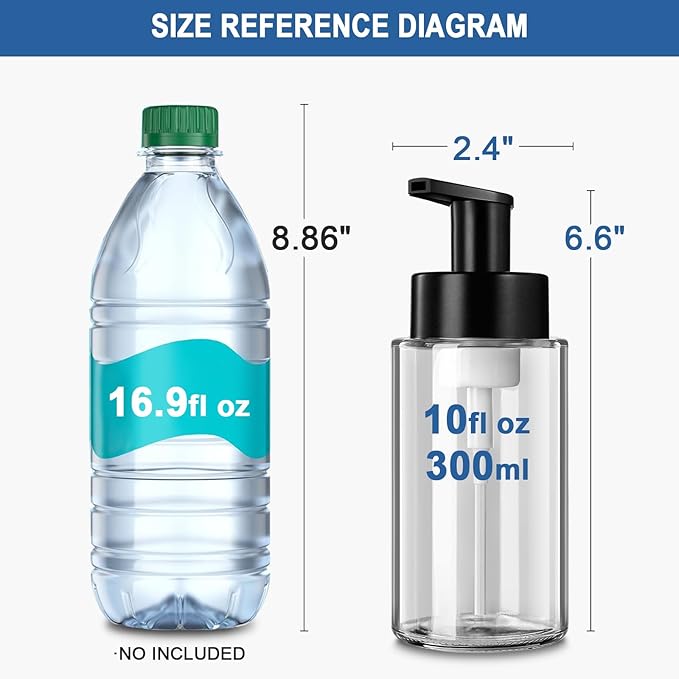 Foaming Soap Dispenser, 10 oz/300ml Foaming Hand Soap Dispenser, 2 Pack Glass Dispenser with 2 Non-Slip Silicone Bottom Sleeve, Refillable Foam Dispenser for Bathroom & Kitchen