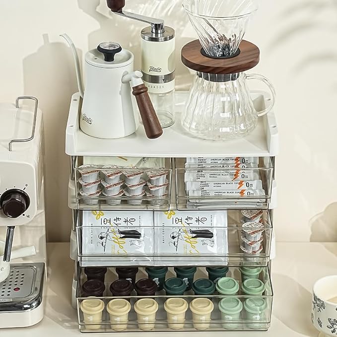 Modular Drawer Organizer, Stackable 3 Trays Come with 3 Drawers box for Tea Bags, Coffee Pods, Spices, Makeup, Office Supplies, Snacks, 12.7x6.7x8.7 inches Countertop Drawer Organizer