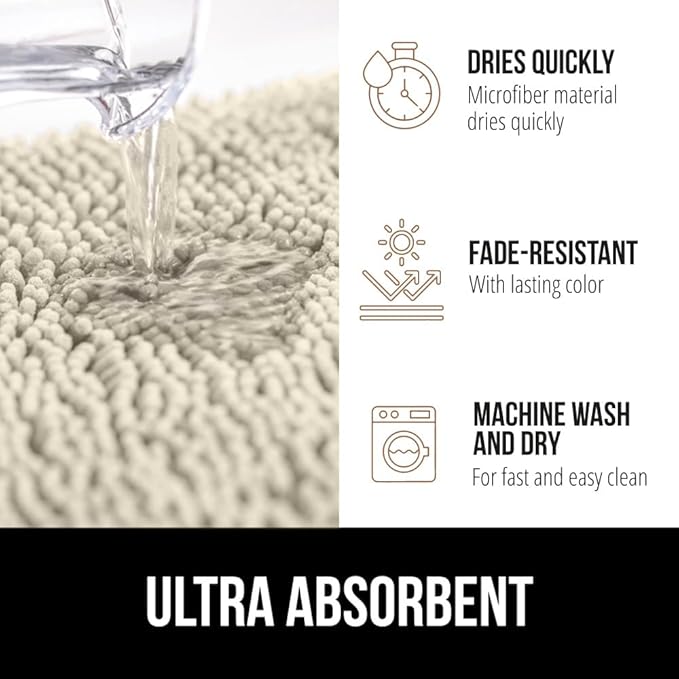 GORILLA GRIP Bath Rug Mat 44x26, Thick Absorbent Chenille, Quick Dry Microfiber Mats, Rubber Backing Washable Shower Floor Rugs, Bathmat Runner, US Designed Bathroom Home Decor Accessories Dusty Cloud