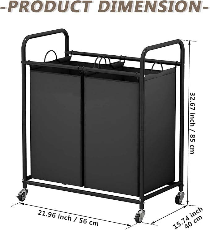 SUOERNUO Laundry Hamper Basket 2 Bag Laundry Sorter Cart with Rolling Lockable Wheels and Removable Bags Laundry Organizer Cart for Clothes Storage, Black
