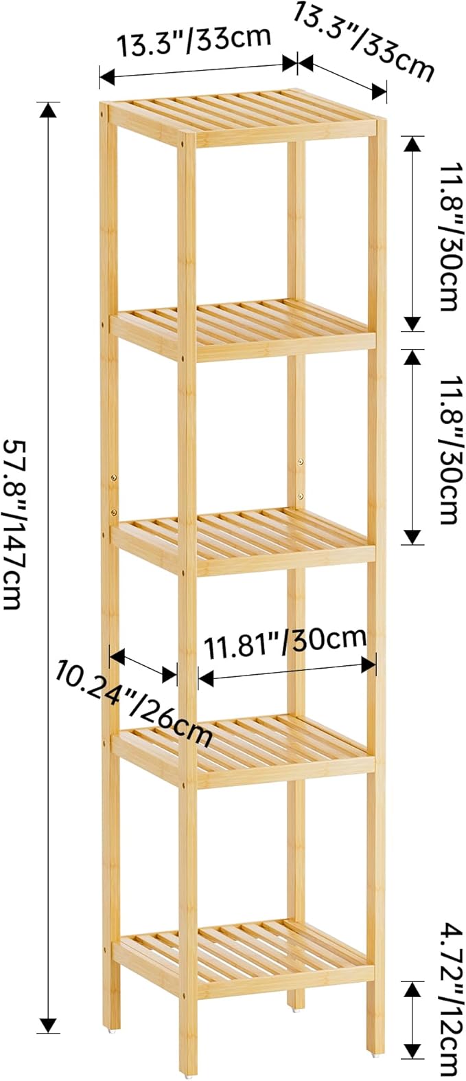 SMIBUY Bathroom Storage Shelf, 5-Tier Bamboo Rack Organizer, Multifunctional Shelving Unit for Living Room Bedroom Kitchen (Natural)