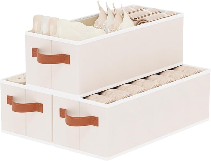 Storage Bins, Fabric Foldable Baskets for Shelves, Collapsible Storage Box Containers with Double Handles, Beige, 15 x 6 x 5 Inch, 3-Pack