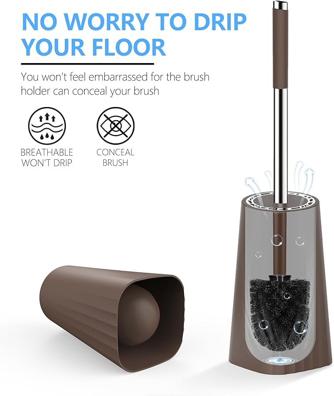 SetSail Toilet Brush, Compact Size Toilet Bowl Brush and Holder Toilet Brushes for Bathroom with Stainless Steel Handle Toilet Cleaner Brush with Durable Scrubbing Bristles, Brown