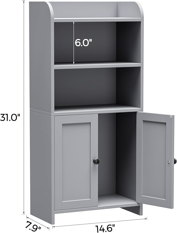 Homhedy Small Bathroom Storage Cabinet, Freestanding Toilet Paper Storage with 2 Doors and Shelves, Bathroom Organizers and Storage for Small Spaces, laundry room, 7.9" D x 14.6" W x 31" H, Gray