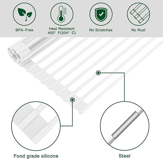 Roll Up Dish Drying Rack - Over The Sink, Multipurpose Foldable Sink Drying Mat, Heat-Resistant, Anti-Slip & Anti-Rust, 17" x 13", White