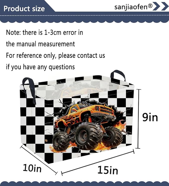 Sanjiaofeng Rectangular Monster Truck Basket for Kids,Baby Storage Bins with Handles for Car Decor,Racing Storage Bin,Cute Toy Storage Organizer for Boys and Girls,Car Room Decor(Racing Flag)
