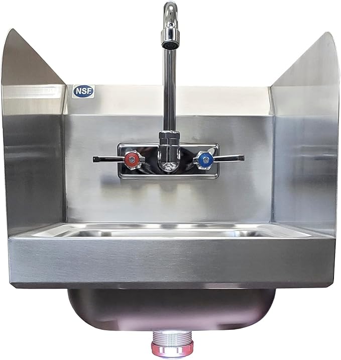 Stainless Steel Wall Mount Hand Basin with Gooseneck and Side Splash Guard. (16" x 12" Side Splash) Deep x long