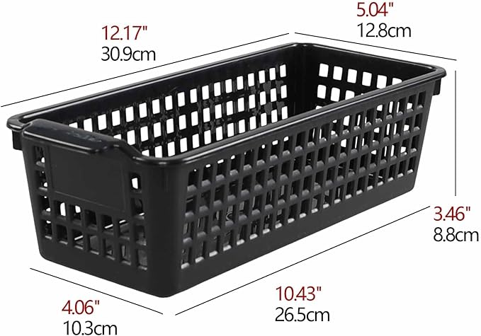 Bringer 6-Pack Slim Plastic Storage Baskets, Black Plastic Rectangle Storage Baskets