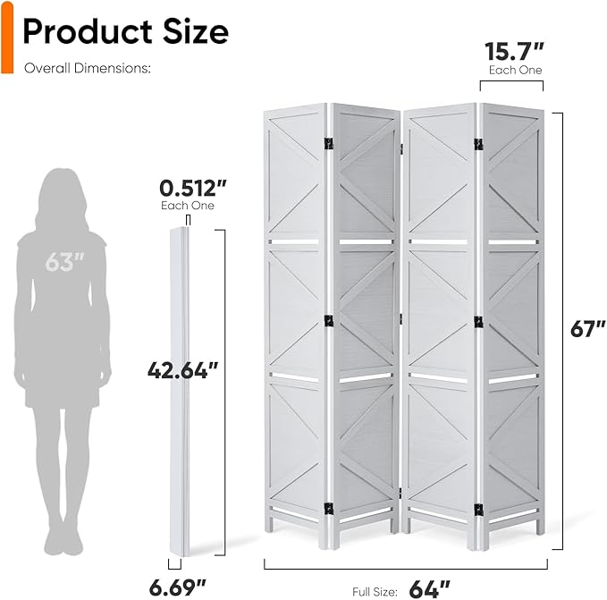 Modern Room Divider with Shelves, White X-Shape Design Folding Partition, 4-Panel Contemporary Freestanding Divider for Bedroom&Office, 67" H x 64" W