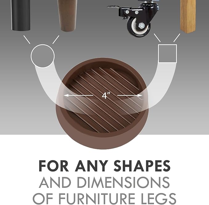 4X4 Round Rubber Caster Cups, Non Slip Furniture Pads, Anti-Slip Gripper, Anti Skid Furniture Feet, Anti Slide Floor Protector for Bed Couch Table Chair Stoppers (Brown, 8 Pack)