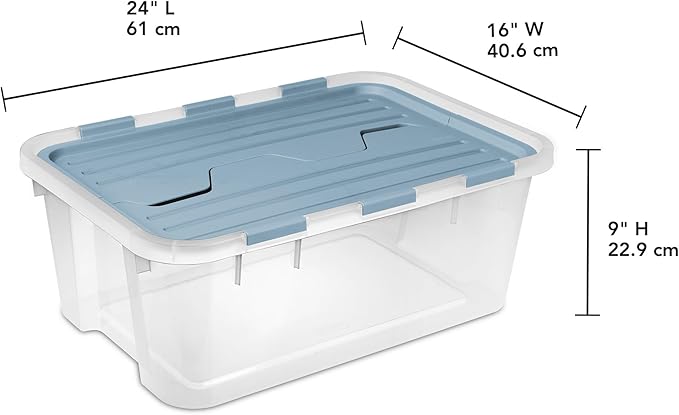 Sterilite 6 Pack Hinged Lid Storage Box, 40 Qt Plastic Container, Washed Blue - Home Organizer Tote for Storing Shoes, Crafts, Clothing, or Decor