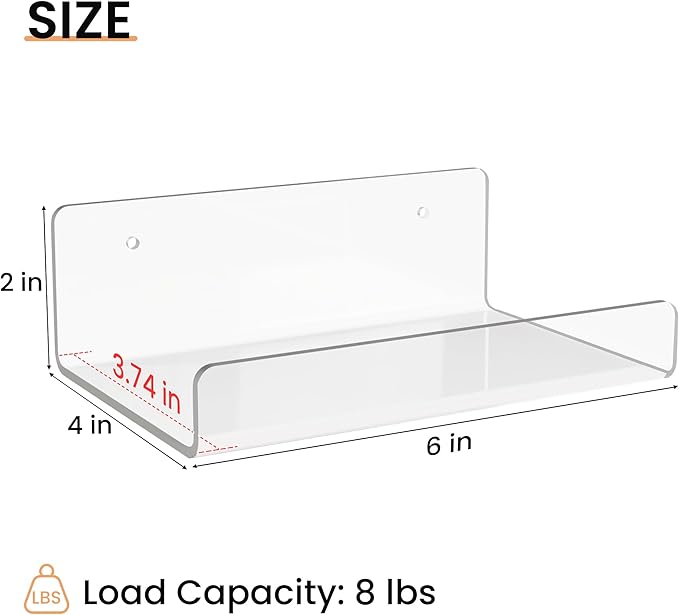 upsimples 6 Pack 6'' x 6'' Acrylic Small Shelves, Floating Shelves for Wall, Display Shelf Organizer for Plants, Speaker, Radio, Toys, Clear