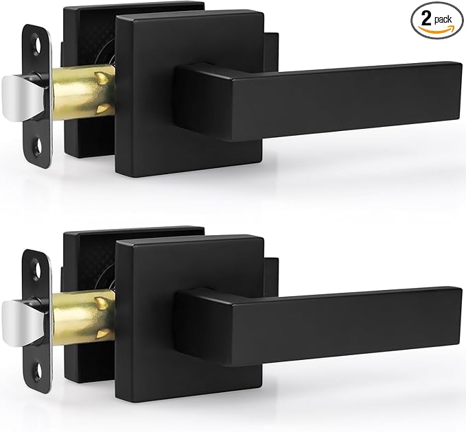 Estmoon 2 Pack Passage Door Levers, Matte Black Door Knobs Interior Square Door Handles, Heavy Duty Non-Locking Leversets Hall Closet Handles, Reversible for Right & Left Sided Doors