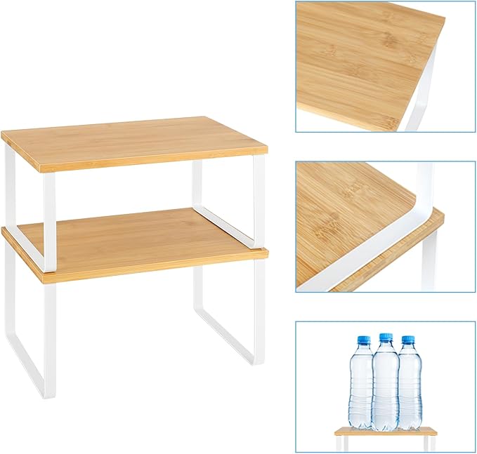 NEX Kitchen Cabinet and Counter Shelf Organizer, Stackable & Expandable, White and Natural