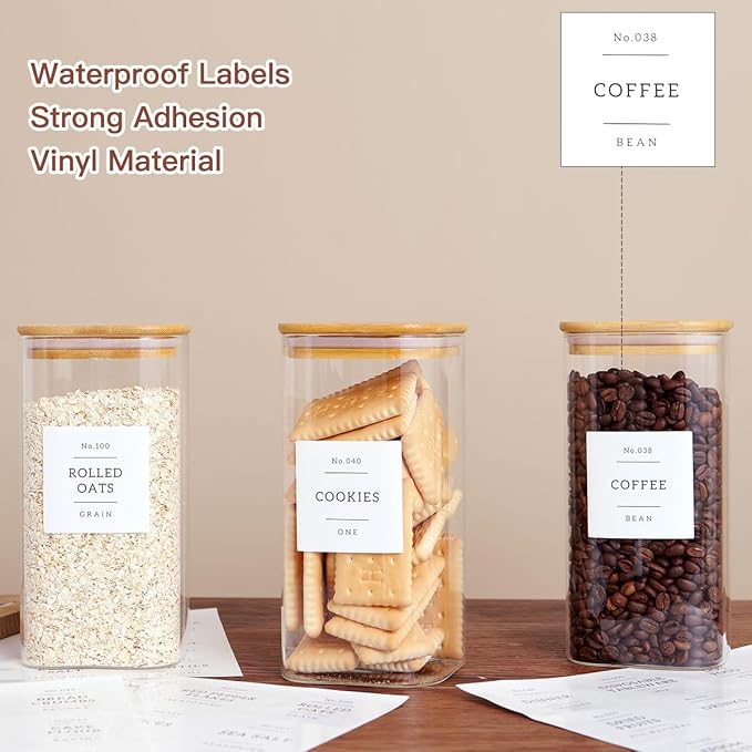 3 Pack Square Glass Kitchen Storage Jars with Airtight Bamboo Lids and 132 Pantry Labels - 54oz Glass Canisters with Wood Lids - Food Storage for Sugar, Rice, Pasta, Cereal