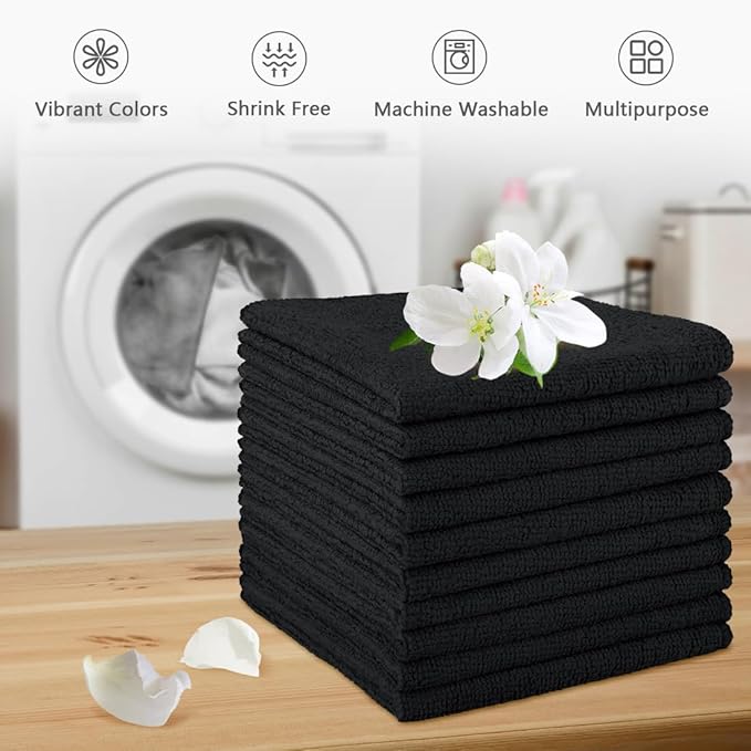 Orighty Washcloths Towels Set 10 Pack, Highly Absorbent and Soft Feel Microfiber Face Cloths, Multi-Purpose Wash Cloths & Hand Towels for Bathroom, Hotel, Spa, and Gym, 11.5x11.5 Inch, Black