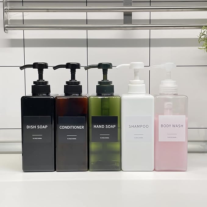 Soap Dispenser with Waterproof Labels, Thickened Plastic Hand Soap Dispenser for Bathroom, Kitchen Dish Washing Liquid Bottles, Shampoo and Conditioner Bottles with Funnel (16oz 4Pack Black Clear)