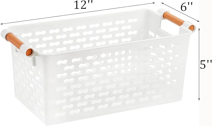Yesland 6 Pack Plastic Storage Basket, White Organizing Bins Basket with Handles, Sturdy Plastic Closet Baskets Containers for CD, Small Closet Storage in Home Office - 12 x 6 x 5 Inches