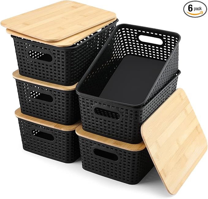 AREYZIN Storage Bins with Bamboo Lids Set of 6 Lidded Storage Container Plastic Baskets Organizer Bins for Organizing Kithen Room Bedroom Office Closet, Sturdy(Black)