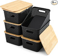 AREYZIN Storage Bins with Bamboo Lids Set of 6 Lidded Storage Container Plastic Baskets Organizer Bins for Organizing Kithen Room Bedroom Office Closet, Sturdy(Black)
