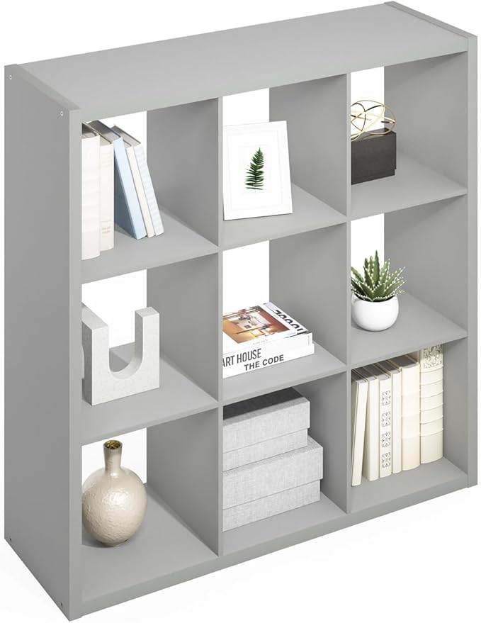 Furinno Simple Cube Storage Organizer, 9-Cube Display Shelf, Open Back Shelving Unit, Storage Shelves, Extra Thick Frame, for Organization and Storage, Living Room, Home Office, Light Grey