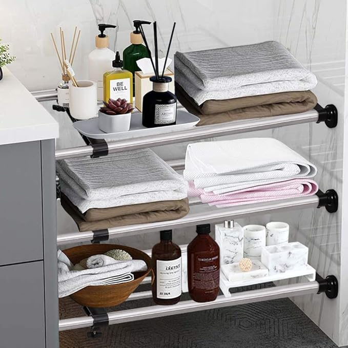BAOYOUNI Expandable Shelf Closet Tension Rod Adjustable Shelving Unit Storage Rack Organizer Hanger Space Saving Divider for Wardrobe, Cupboard, Kitchen, Bathroom Use, Black
