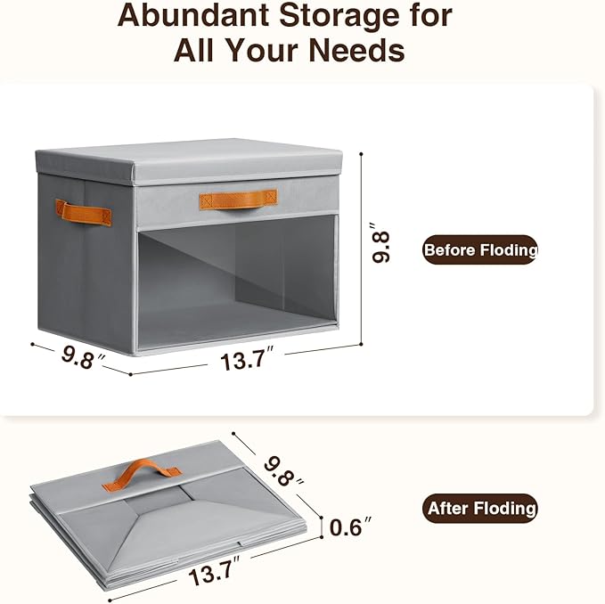 Large Storage Bins with Lids - 4 Pack Foldable Decorative Organizers with Clear Windows & Handles, Cube Storage Organizers for Clothes, Blankets, Sweaters, Sheets, Grey
