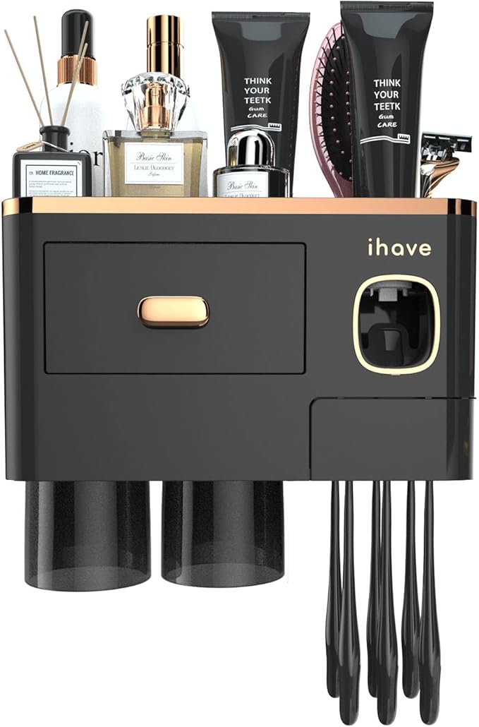 iHave Toothbrush Holders Wall Mounted with Toothpaste Dispenser & 2 Cups - Luxury Black and Gold Design for Bathroom Decor, All-in-One Bathroom Organizers & Storage for Toothbrushes and Accessories