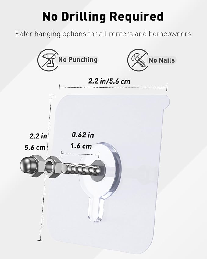 Uniclife 20 Pcs Self Adhesive Picture Hooks, 26.5 lbs Load No Drill Screw Stickers Heavy Duty Picture Hangers Without Nails, 16 mm No Nails Wall Hooks for Hanging, Sticky Hook for Bathroom Kitchen