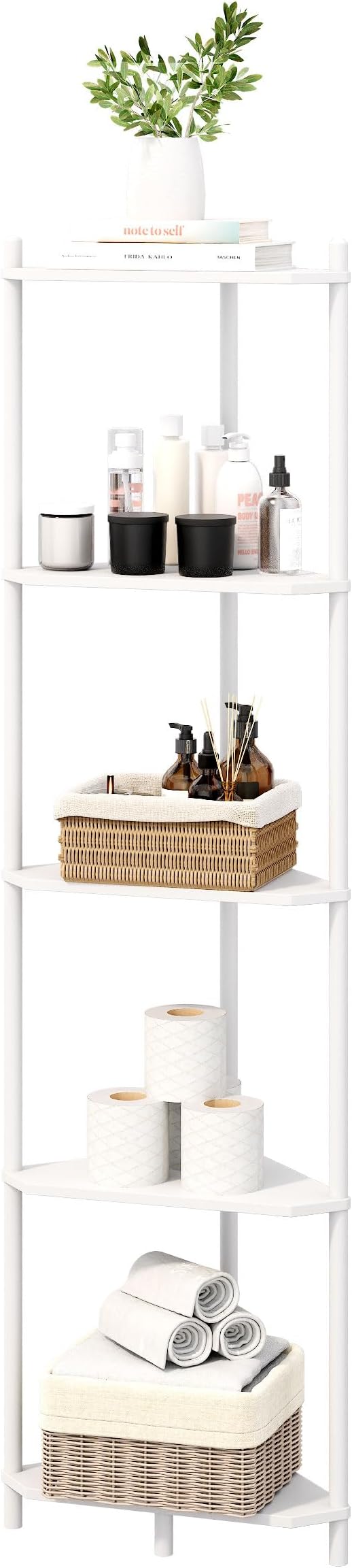 Corner Shelf Stand - 5 Tier Bamboo Small Corner Bookshelf for Office Kitchen Bedroom Plant Stand Living Room Decor Small Space (White, 5 Tier)