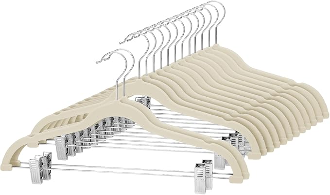 Cozymood Velvet Skirt Hangers - Pack of 24 - Velvet Hangers with Clips Ultra Thin Non Slip Velvet Pants Hangers Space Saving Clothes Hanger for Trouser, Skirts, Jeans, Dress (Beige)
