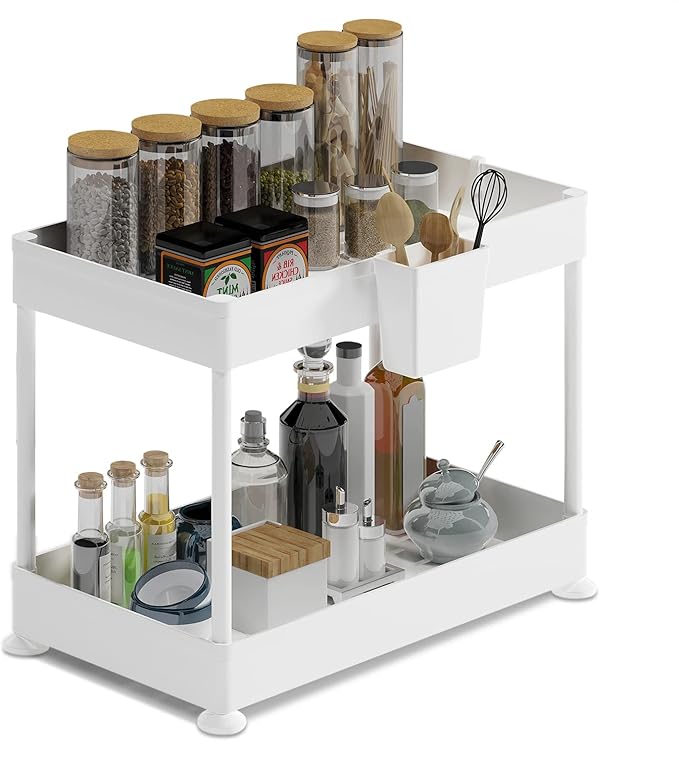 Under Sink Organizers and Storage | Bathroom Cabinet Organizer, Sink Shelf with Utility Hooks and Side Caddy for Under Cabinet Storage | White (1-Pack) Non Slip Grip Under Kitchen Sink Organizer