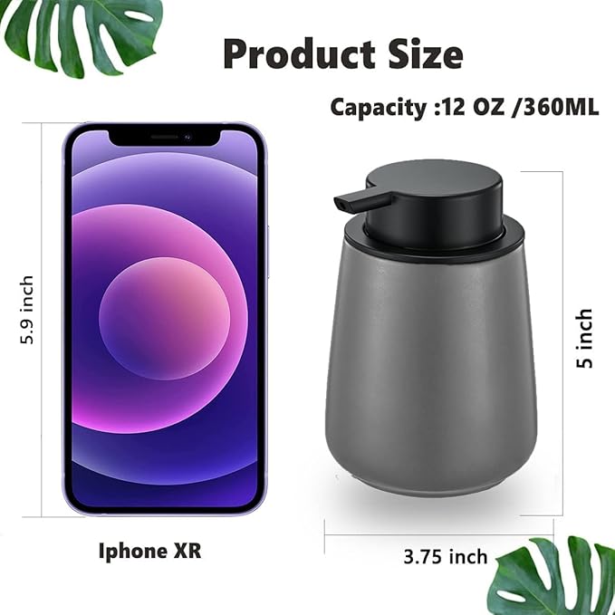 12Oz Grey Hand Soap Dispenser - Modern Ceramic Lotion Soap Dispenser with Easy-to-Press Black Pump, Reusable and Refillable Liquid Soap Dispenser for Bathroom, Dish Soap Dispensers for Kitchen