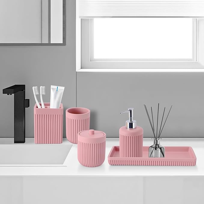 Resin Pink Bathroom Accessories Set 5 Pcs, Lotion Soap Dispenser, Toothbrush Holder, Bathroom Tumbler, Qtip Holder and Vanity Tray, Bathroom Countertop Organizer Set for Modern Home Apartment