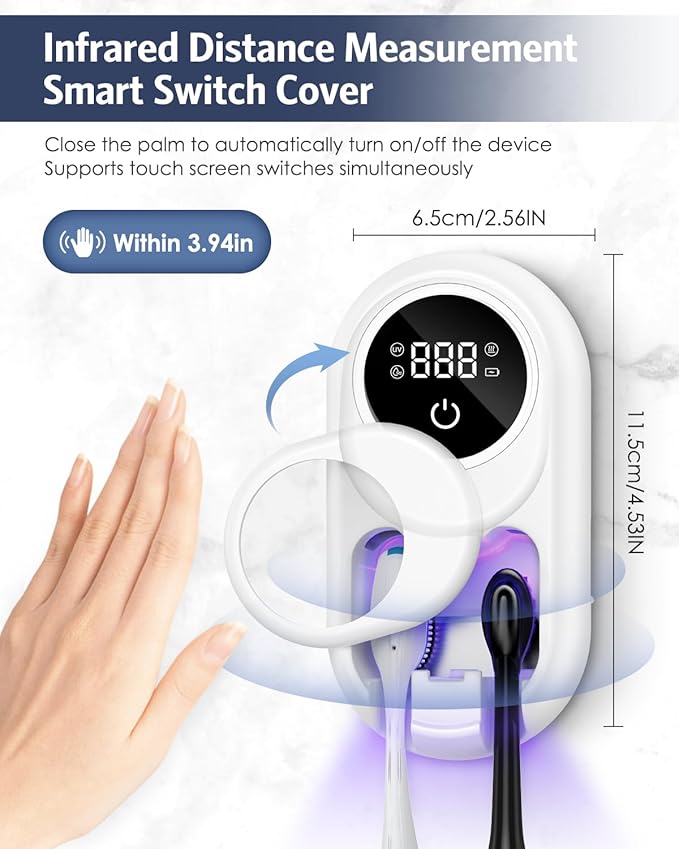 Temracha Toothbrush Sanitizer Holder, Upgraded UV Toothbrush Holder with Dual-Mode Clean & Air Dry, LED Smart Screen, Auto-Inductive Cover, Toothbrush Wall Mounted Cleaner Organizer for Bathroom, Trip