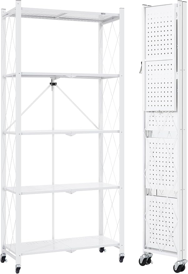 ALANNG 5 Tier Storage Shelves on Wheels, No Assembly Metal Folding Shelf Heavy Duty, White | Colorful | Rolling | Collapsible | Rack Unit | for Living Room Office | 13.4" D x 28" W x 64.6" H