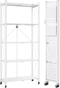 ALANNG 5 Tier Storage Shelves on Wheels, No Assembly Metal Folding Shelf Heavy Duty, White | Colorful | Rolling | Collapsible | Rack Unit | for Living Room Office | 13.4" D x 28" W x 64.6" H