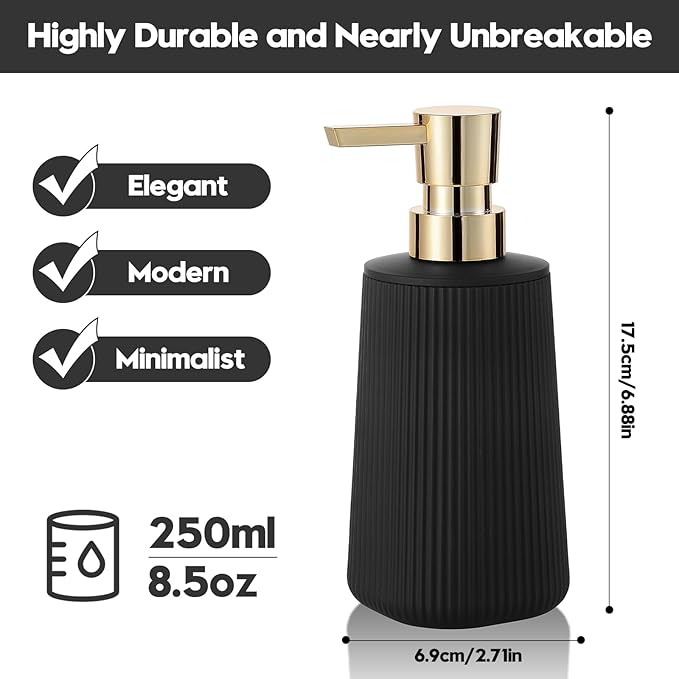 Small Soap Dispenser for Bathroom and Kitchen, Modern Farmhouse Striped Style Plastic Hand Soap Dish Soap Dispenser with Pump Matte Black and Gold