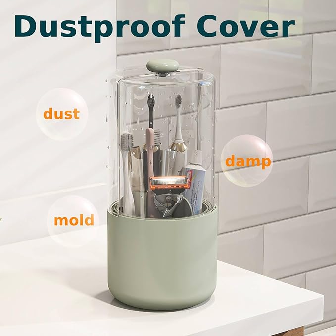 YOOLENS Toothbrush Holder with Cover 360 Rotating 4 Compartments Bathroom Toothpaste Electric Toothbrush Organizer, Light Green