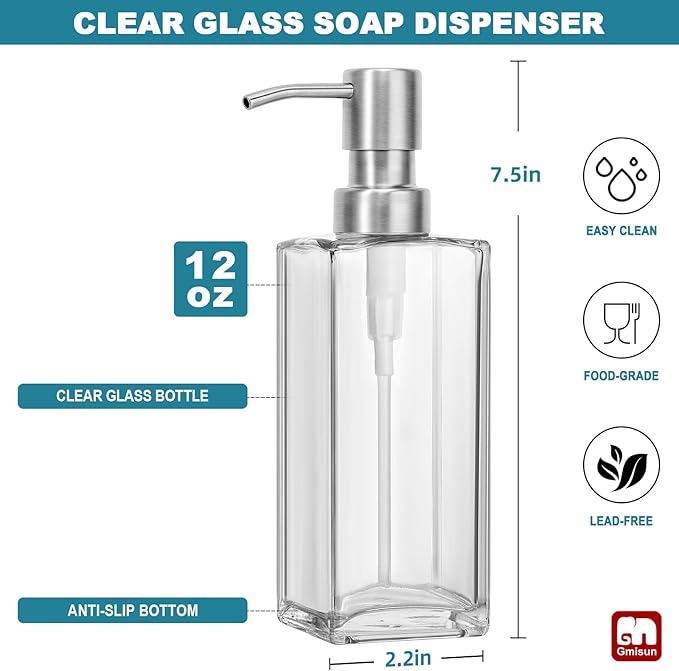 GMISUN Glass Soap Dispenser with Stainless Steel Pump, Clear Hand Soap Dispenser for Bathroom, 12 fl oz/350ml Dish Dispensers for Kitchen, Modern Refillable Liquid Soap Lotion Bottle for Countertop